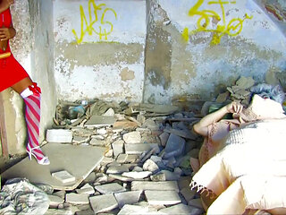 Sexy little red riding hood gives a blowjob to the werewolf