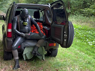Knee socks rubber pig with suspenders and knee socks jerks off in the forest car