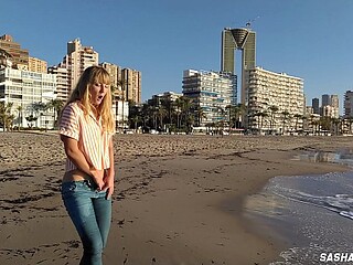 Risky masturbation on a public beach in Benidorm  Fetish Wet Sneakers  The girl pees beautifully in jeans  Fingering  Russian pornstar Sasha Bikeyeva