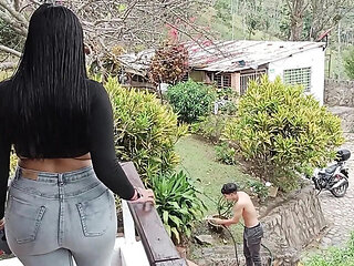 Hot Latina Samanthaa swallows gardener's cum after intense fucking - Amateur teen blowjob