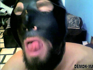 Catgirl masked femboy in latex gloves and corset cums hard