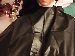 Ebony Sex doll Nikki shows off vinyl shampoo capes