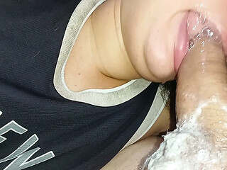 Restless little tongue-she works that big,greedy mouth all over the length of that hard cock.