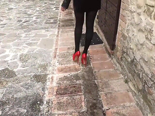 MILF Walks in Pantyhose and High Heels