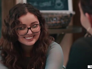 Busty shemale Emma Rose bangs her college gf in public cafe