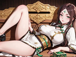 The Black & Gold Qipao Lady Kneels in the Wooden Corridor, Playing with Her Hair Bun, Sunlight Hitting Her Skin