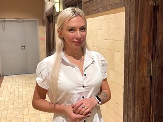 Hot and dangerous blowjob in the toilet of the shopping center from a Russian saleswoman.