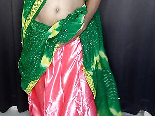 Gorgeous indian sissy wearing sexy saree and satin petticoat with bra panty