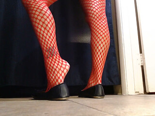 Red Fishnets Ballet Flats Shoeplay Dipping Toe Wiggling