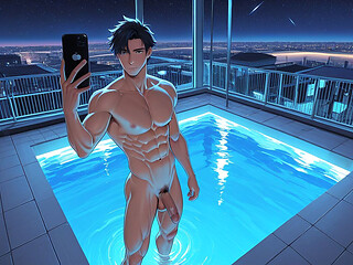 Shredded Gym Guy Nude Erect Dick Mirror Selfie in Infinity Pool