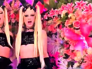 Chubby big tits shemale jerking her big cock