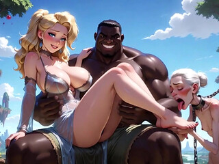 Old Granny Humiliated Licking Young Woman Feet - Sitting on Muscular Black Bull Lap