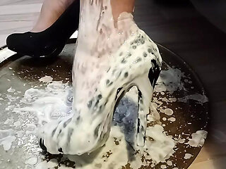 Are You Hungry Guys? Who Wants To Lick The Yoghurt Of My Sexy Black Leather Platform High Heel Pumps?