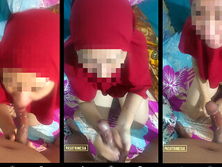 My big Dick gets Blowjob by beautiful Red Hijab Teacher