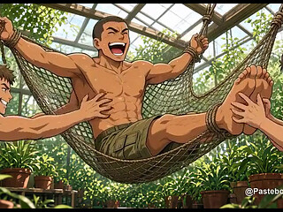 The Greenhouse Bench - Roped Down, Fingers On His Ribs And Bare Feet (2D Anime Bara)