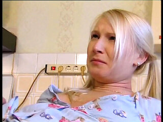 Gina Blonde sucks big cock and gets pussy fingered in kitchen fuck