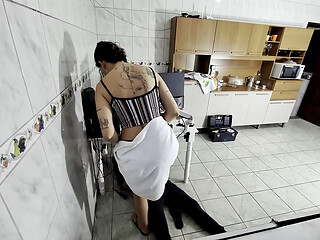 Naughty wife greets the repairman while wearing only a towel and swallows the load.