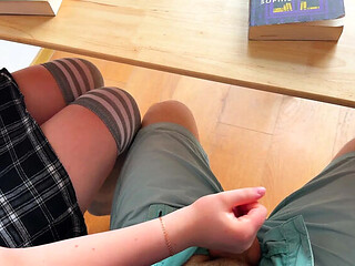 Hot Schoolgirl Gives Handjob and Footjob Under Table in History Class