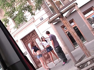 Outdoor van fuck frenzy with double blowjob and creampie surprise