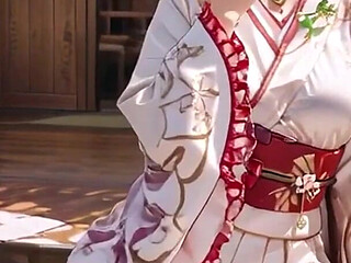 Blonde Kimono Girl's Shrine Secret! Kneeling Under the Torii Gate in a Beige Modified Kimono