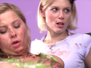 Four horny baddies have group sex with a chocolate-covered cock