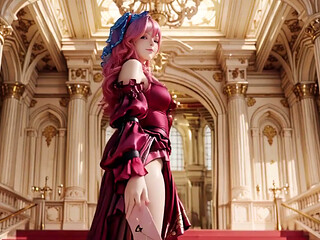 The Pink Queen's Coronation! Deep red silk, golden goblet, and a lazy gaze from the throne. Pure fantasy.