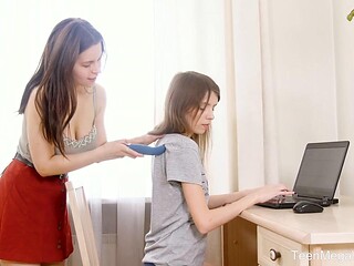 Teen Mega World Brunettes Ride Dildos on Laptop While Sucking Cock and Licking Huge Tits