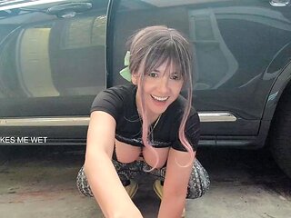 Busty curly brunette with big boobs fucks on couch