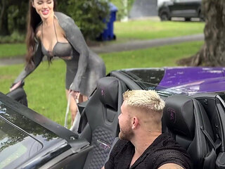 Brunette hottie hopped into a stranger's car, fucking in a parking lot after