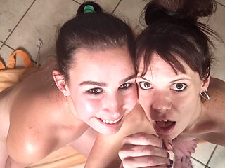 Two Sluts Jerking My Dick in POV, Cum in Eye, Dirty Talk, Piss in Eyes