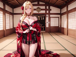 Private Shrine Encounter, Lazy Seduction on Tatami, Revealing Full Bust Under the Open-shoulder Red Dress.