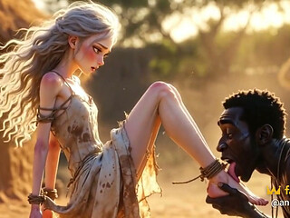 White Woman in Bondage - African Man Passionate Foot Licking