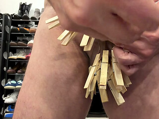 28 clothespins in cock and balls