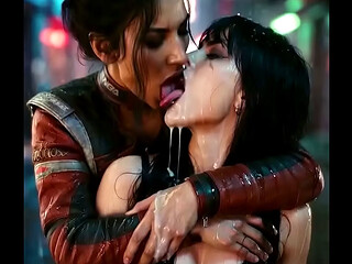 Hot lesbian deep kissing scene - Panam Palmer (Cyberpunk 2077) and Nyx Loops moaning and drooling profusely - AI Generated