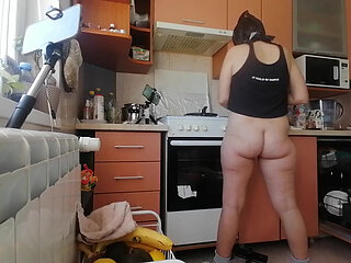 Sexy Mom Prepares Breakfast, Hairy Pussy, Big Tits. Sexy Woman Empties House