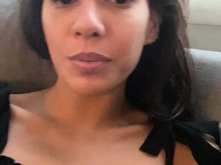 Busty curly brunette with big boobs fucks on couch