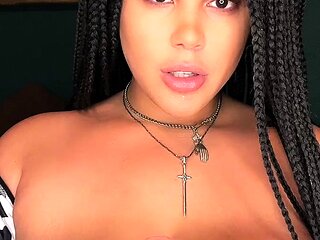 Busty babe playing with her big boobs