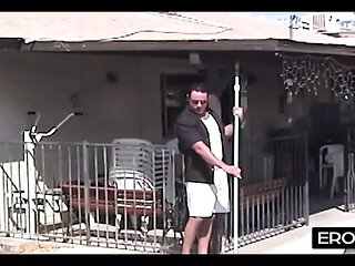 German MILF seduces him on the terrace with her massive tits and intense orgasm