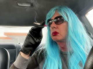 Trans MrsRuthieRoman Smokes in Mommy Cosplay with Long Blue Hair
