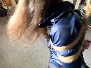 Marie Tied And Gagged In A Very Sexy, Shiny Blue Rainsuit