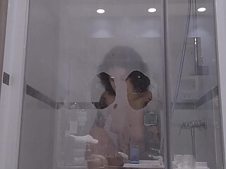A Slut Dildos Herself During Her Shower, Comes to Watch on Her Through the Transparent Glass Window