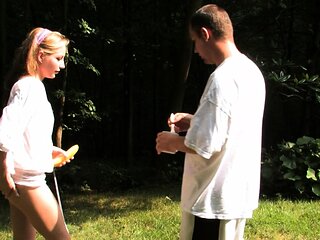 Busty blonde babe outdoor flash for cash