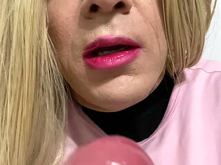 Crossdresser Shemale Cums Hands Free on Cock and Pussy Then Licks the Cum off