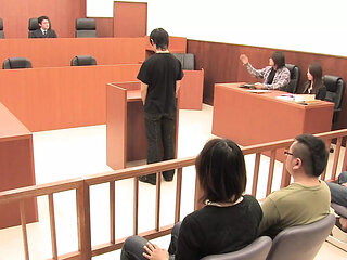 Horny Japanese Babe Gets Fucked by Three Hard Cocks in the Court Room