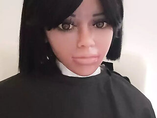 Ebony mini sex doll topless salon cape fetish play
