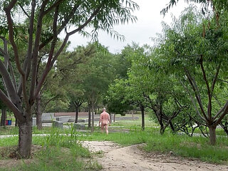 Naked dare with chastity in public park
