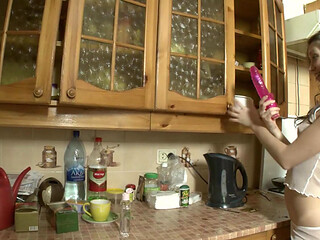 Kimmy T Inserts Bottle Deep For Anal Masturbation In Kitchen!