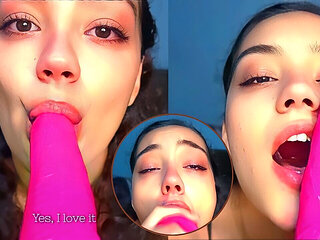 Hot College Girl Deepthroating a Dildo and Keeps Asking for Cum on Her Face