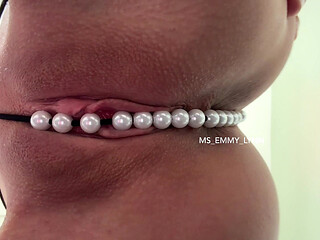 Pearl Thong in Shaved Pussy Close up