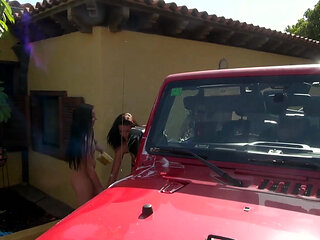 Naked Babes Sucking Cock and Washing Jeep Outdoors